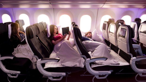 The Skycouch converts three economy class seats into a 'bed'.