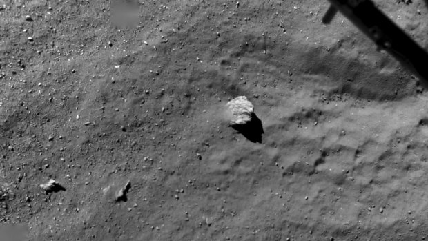 This image from Rosetta shows the comet surface from an altitude of 67.4 metres when the Philae lander slowly descended onto Comet 67P/Churyumov-Gerasimenko.