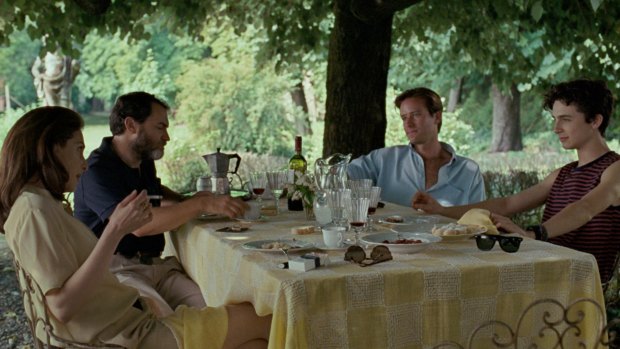 Tuscany scene: Annella Perlman (Amira Casar, left), Samuel Perlman (Michael Stuhlbarg), Oliver (Armie Hammer) and Elio (Timothee Chalamet) in <i>Call Me By Your Name</I>.