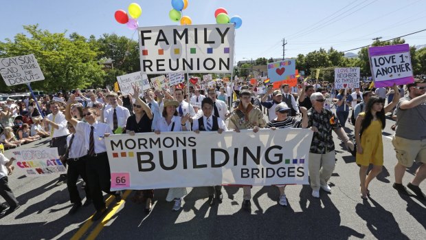 Members of the Mormons Building Bridges marching during the Utah Gay Pride Parade in Salt Lake City in 2013.