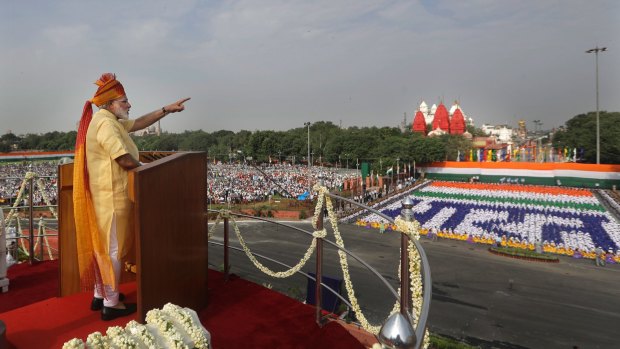 Indian Prime Minister Narendra Modi addresses the nation on the country's Independence Day from the ramparts of the historical Red Fort in New Delhi on August 15.