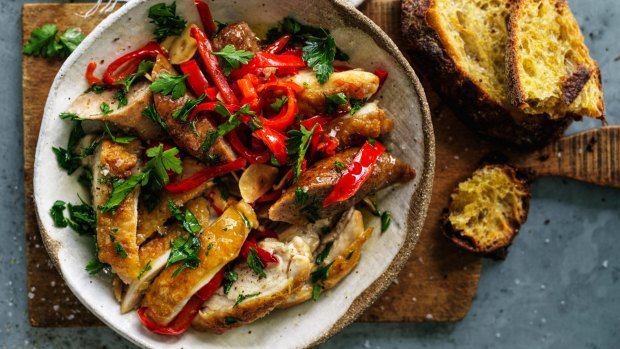 This chicken and sausage bake is hot, sour, sweet and savoury.