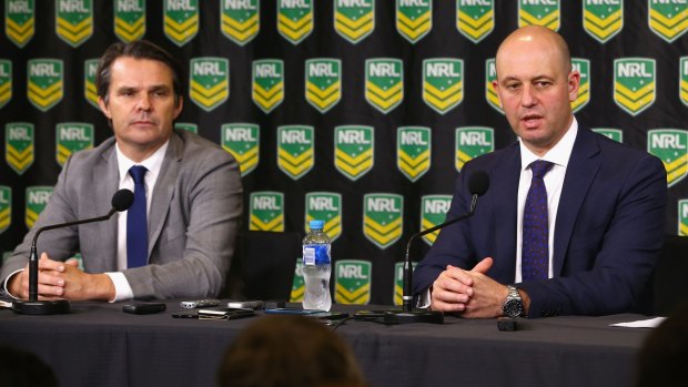 NRL Head of Integrity Nick Weeks watches on as NRL CEO Todd Greenberg speaks to the media on Tuesday.