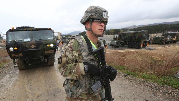 An American soldier trains in a US-South Korea joint exercise in Pohang, South Korea, on Tuesday.