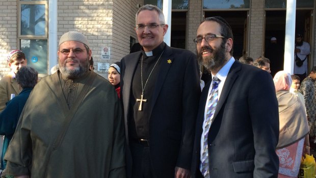 Religious leaders reject negativity directed at Muslims: Sheikh Yahya Safi, the Reverend Andrew Dutney and Rabbi Zalman Kastel at the Lakemba Mosque.
