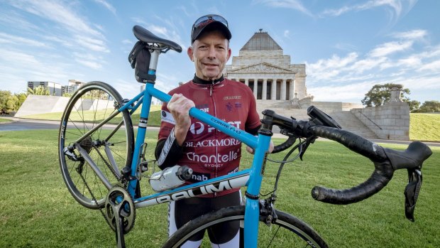 Tony Abbott takes part in the Pollie Pedal Bike Ride, starting at the Shrine of Remembrance in Melbourne.