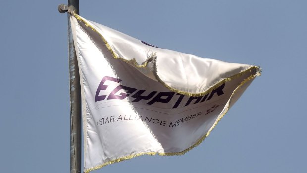 An EgyptAir flag outside the temporary EgyptAir Crisis Centre at Cairo International Airport.