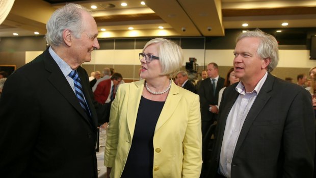 Actor and science advocate Alan Alda speaks with Assistant Minister for Science Karen Andrews and Nobel Laureate Brian Schmidt after his address to the National Press Club of Australia. 