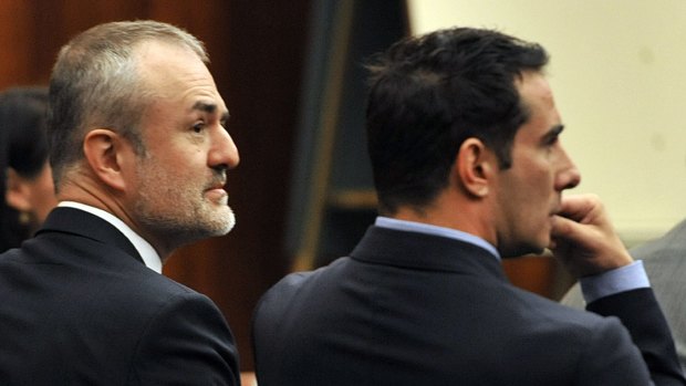 Gawker Media's Nick Denton, left, listens to testimony during Hulk Hogan's lawsuit trial.