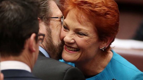 Senator Hanson was also embraced by Senator Derryn Hinch after she delivered her first speech in the Senate.