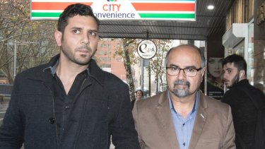 Charlie Sharobeem and step-father Haiman Hammo outside the ICAC inquiry on Wednesday. 