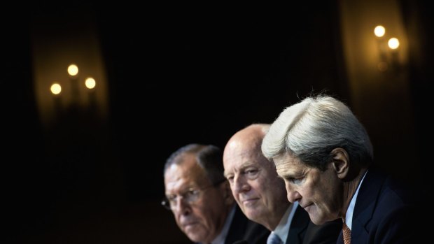 Russian Foreign Minister Sergei Lavrov, UN Special Envoy for Syria Staffan de Mistura and US Secretary of State John Kerry in Vienna last week.