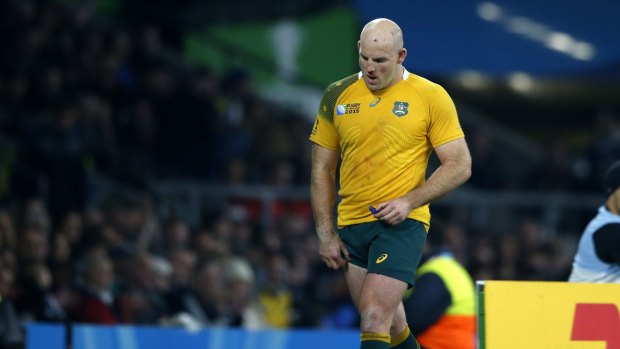 Australia's Stephen Moore leaves the field during the Rugby World Cup final between New Zealand and Australia at Twickenham Stadium, London, on Sunday.