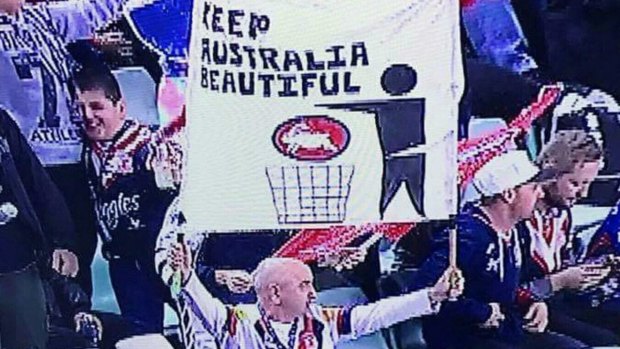 Tell us what you really think: A Roosters supporter gets his point across.