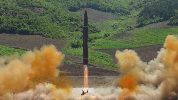 A North Korean government photograph of what it says was the launch of a Hwasong-14 intercontinental ballistic missile in July. 