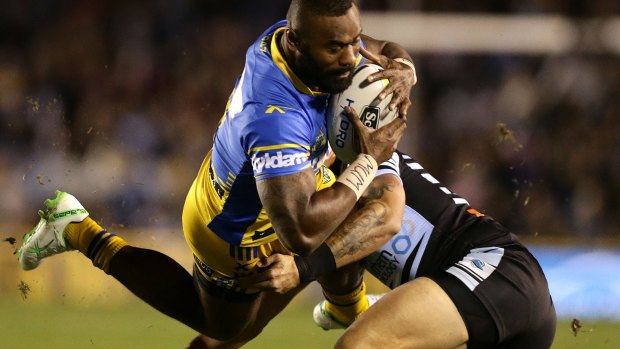 Semi Radradra in action for the Eels against the Sharks on Saturday.