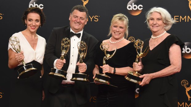 A surprise win for Sherlock: The Abominable Bride (Masterpiece): Amanda Abbington, from left, Steven Moffat, Sue Vertue, and Rebecca Eaton collect the Emmy for outstanding television movie.