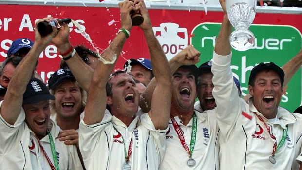 Michael Vaughan celebrates England's Ashes win with teammates in 2005.