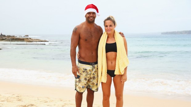 Maddi Blomberg with her long-time partner Kurtley Beale. Fairfax Media understands Lethlean's brief relationship was with former AFL Auskick staffer Blomberg.
