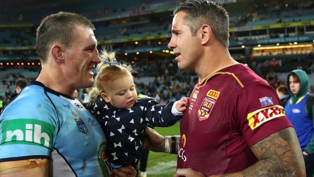 Fulltime friends:  Retiring players Paul Gallen and Corey Parker talk after game three of the 2016 Stat of Origin clash.