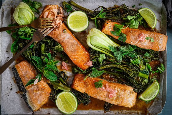 Miso-ginger salmon traybake.