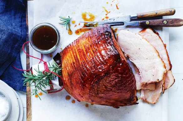 Baked ham with brown sugar and bourbon glaze.