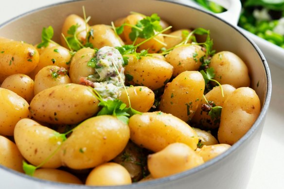 Kipfler potatoes with anchovy, parsley and lemon butter.
