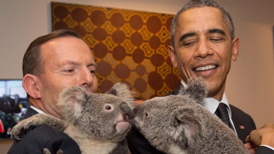 Then-prime minister Tony Abbott and US President Barack Obama cuddled koalas at the G20 in Brisbane.