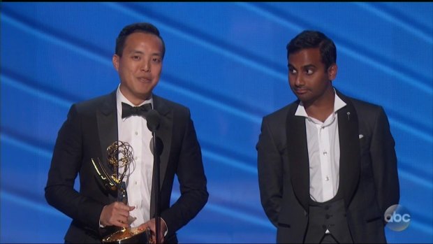 <i>Master Of None</i> creators Alan Yang and Aziz Ansari collect their Emmy for Comedy Series Writing.