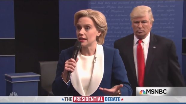 Kate McKinnon and Alec Baldwin mock the second presidential debate on <i>Saturday Night Live</i> on October 15, 2016.