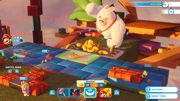 Rabbid Donkey Kong, the boss of the first world, hordes his banana stash.