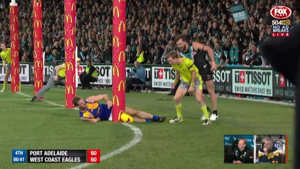 Eric Mackenzie's heroic slam into the behind post.