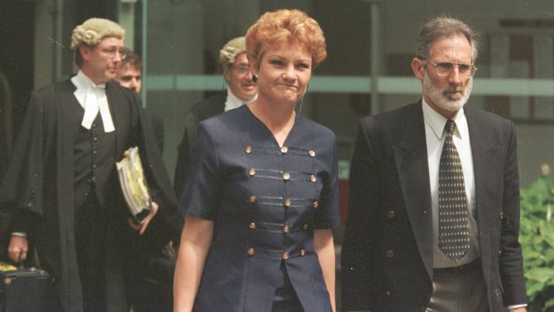 Pauline Hanson leaves the Brisbane Supreme Court in September 1998 after the court rejected an ABC appeal against an injunction preventing it from playing the Pauline Pantsdown song 'Backdoor man'. 
