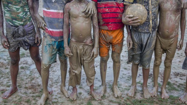 Rohingya refugee children outside Leda refugee camp in Bangladesh.