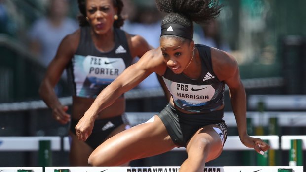 Kendra Harrison clears the last hurdle in the women's 100-meter hurdles at the Prefontaine Classic athletics meet.