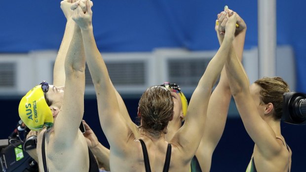 Golden girls: Cate Campbell, Bronte Campbell, Emma McKeon and Brittany Elmslie celebrate.