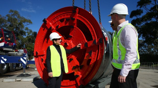 Sydney Mayor Clover Moore and NSW Minister for Lands and Water Niall Blair meet "Mary Veronica", the machine that will dig the Green Square Trunk Drain.