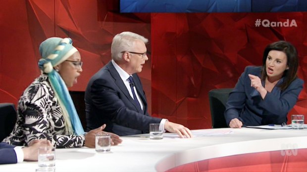 Panellist Yassmin Abdel-Magied, host Tony Jones and Tasmanian senator Jacqui Lambie on <i>Q&A</i> last week.