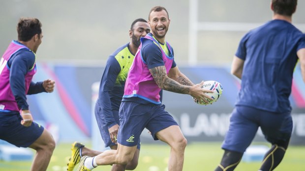 Being watched: Quade Cooper was in good spirits at Wallabies training last week.