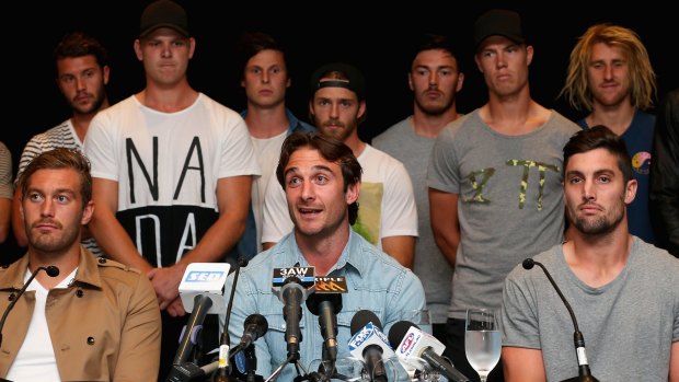 The next step: Jobe Watson and some members of the Essendon 34 last October.