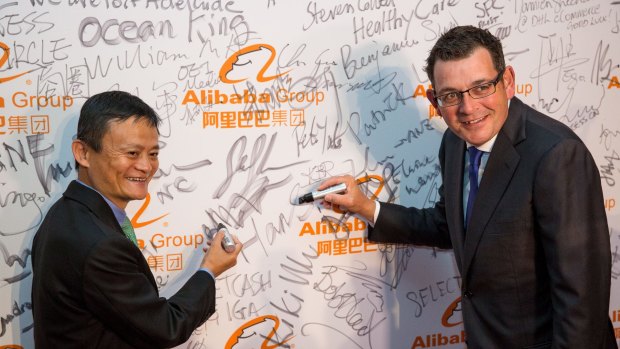 Alibaba founder Jack Ma with Premier of Victoria Daniel Andrews at the launch of Alibaba's Australian and New Zealand headquarters in February.