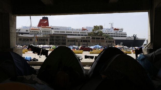 The tents of migrants at the Athens port of Piraeus. 