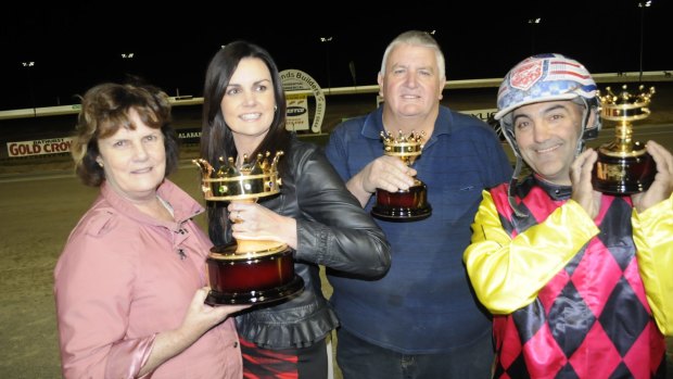 Winning style: Michele, Marissa and Sam Dimarco celebrate victory in the Bathurst Gold Crown in 2015 with driver Michael Formosa.