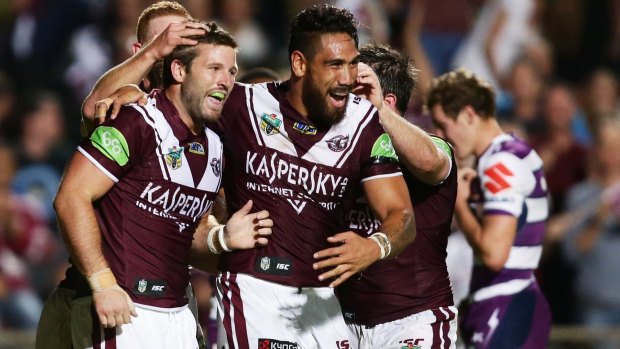 Good buy: Sea Eagles utilty Blake Leary is congratulated after scoring against Melbourne earlier this year.