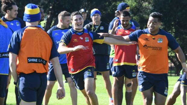 One of the boys: Mitchell Moses trains with the Eels for the first time on Wednesday.