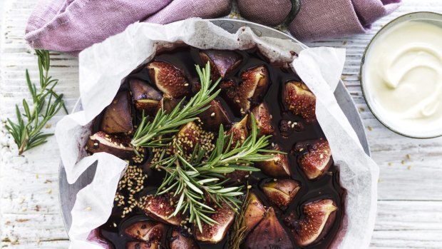 Jill Dupleix's wine-roasted figs with sweet tahini yoghurt.