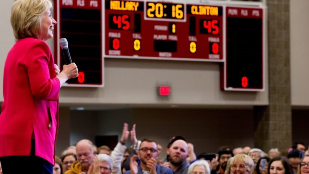 A score board reads "Hillary Clinton 2016" as Democratic presidential candidate Hillary Clinton speaks at a get out the vote event at Transylvania University in Lexington, Kentucky.