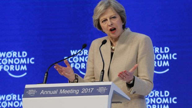 British Prime Minister Theresa May speaks at the annual meeting of the World Economic Forum in Davos.