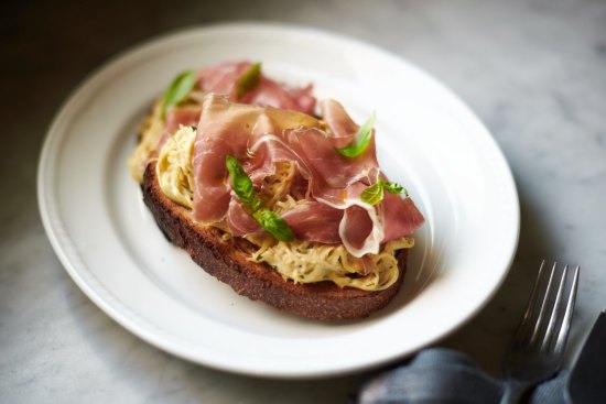 Seven open-faced sandwiches are on offer, including San Daniele proscuitto on celeriac remoulade.