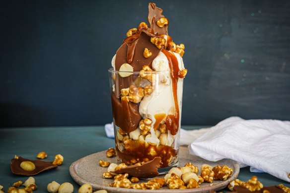 Miso caramel sundae with miso caramel popcorn and chocolate bark.